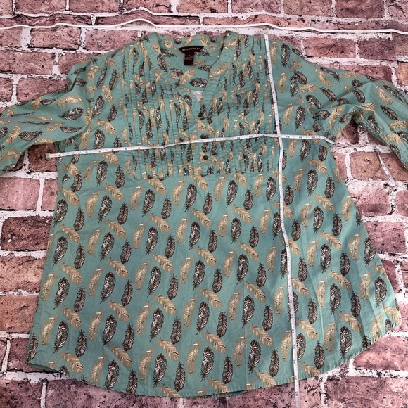 Bit & Bridle Women Teal Feather Print Pintuck Boho Blouse Top X-Large Cow Girl - Picture 7 of 13